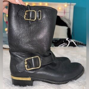 Black Leather Boots with Gold Buckles